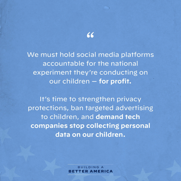 Plakat mit einem Zitat aus Building a Better America, das fordert, dass soziale Medien für das Experiment, das sie an Kindern durchführen, zur Verantwortung gezogen werden, verziert mit Sternen.