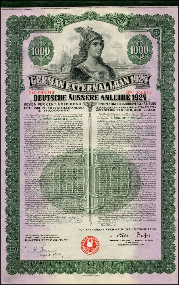Deutsches Auslandsdarlehen-Zertifikat aus dem Jahr 1924 mit einem Porträt einer Frau, bedrucktem Text und numerischen Denominationen.