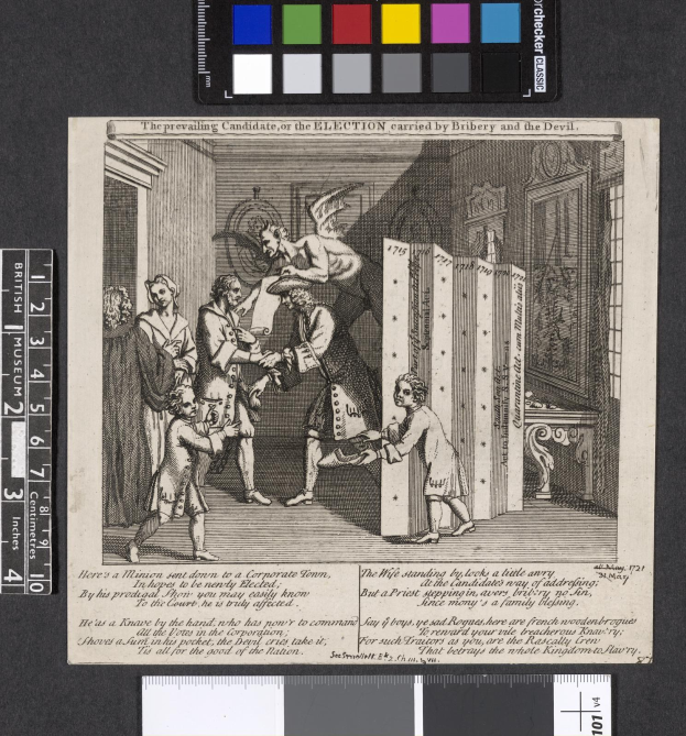 Schwarz-weißes Gravurabbild einer Gruppe von Menschen um ein zentrales Papier mit Text und Farboptionen, symbolisierend eine korrupte Wahl unter Einfluss von Bestechung und dem Teufel.