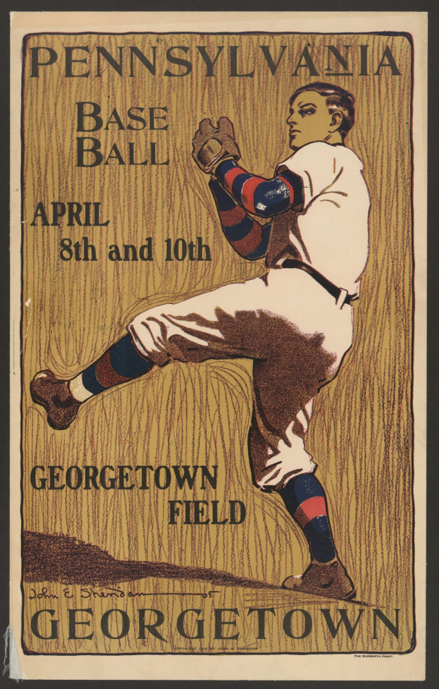 Ein Plakat eines Baseball-Spielers in einem Sportdress mit der Aufschrift "Pennsylvania Baseball April 8th and 10th, Georgetown Field" und einem entschlossenen Gesichtsausdruck.