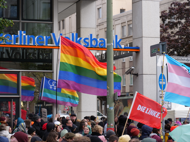 Eine grosse Gruppe von Menschen mit Fahnen und Transparenten steht vor einem Gebaude, mit einem Mast im Vordergrund und Baeumen auf beiden Seiten, bei einer Christopher Street Day Parade in Berlin.