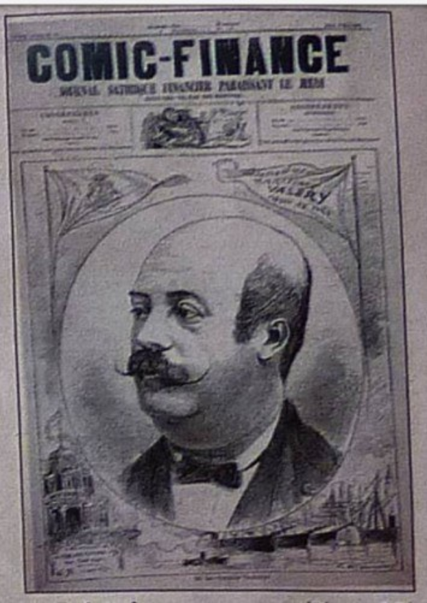 Ein ernst dreinblickender Mann mit Schnurrbart, der einen Anzug und eine Krawatte trägt, erscheint auf der Titelseite eines Comics mit dem Titel "Comic Finance."