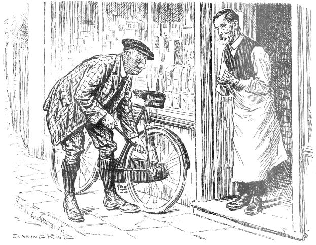 Ein alter Mann mit einer Mütze steht neben einem Fahrrad vor einem Geschäft mit einer Tür, verschiedenen Gegenständen im Hintergrund und Text unten.