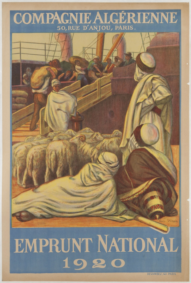 Plakat für die 1920 Emprunt National mit einer Gruppe von Menschen und Tieren und Text mit Ereignisinformationen.