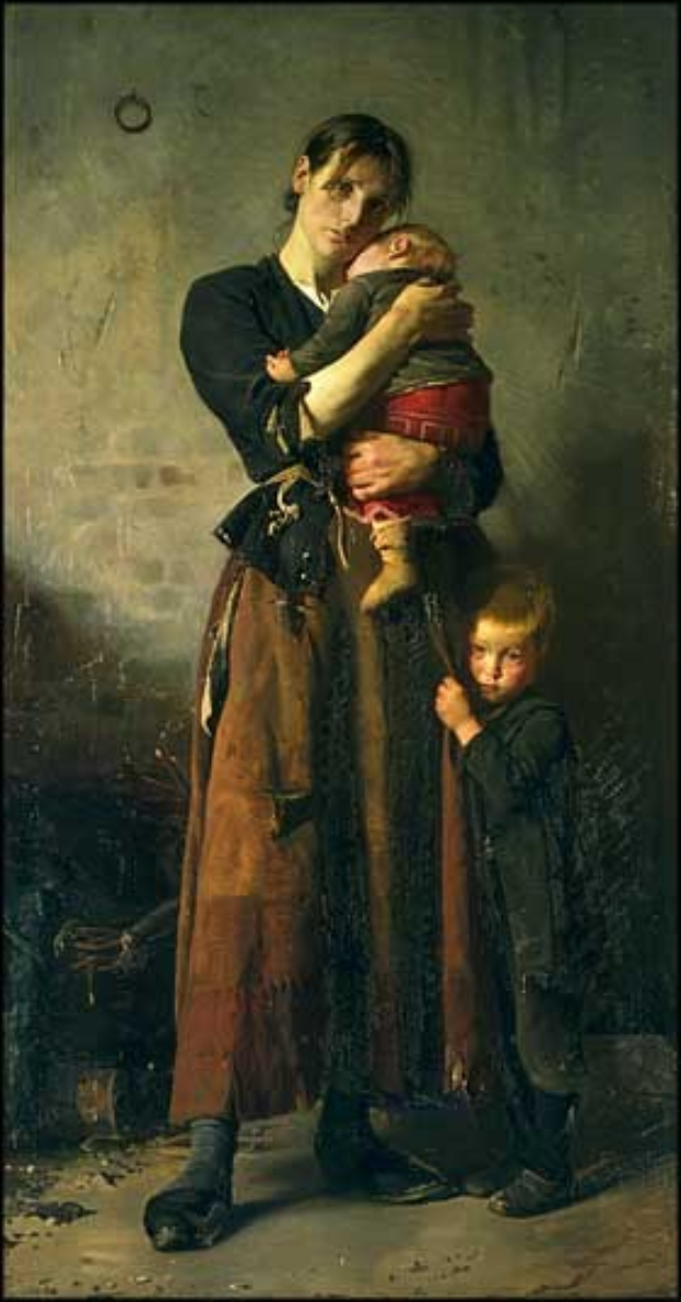 Gem├Ąlde mit dem Titel "Mutter und Kind" von Jean-Honore Fragonard, das eine Frau zeigt, die ein Baby h├Ąlt, mit einem Kind, das neben ihr steht, vor einem Hintergrund mit verstreuten Gegenst├Ąnden an einer Wand.