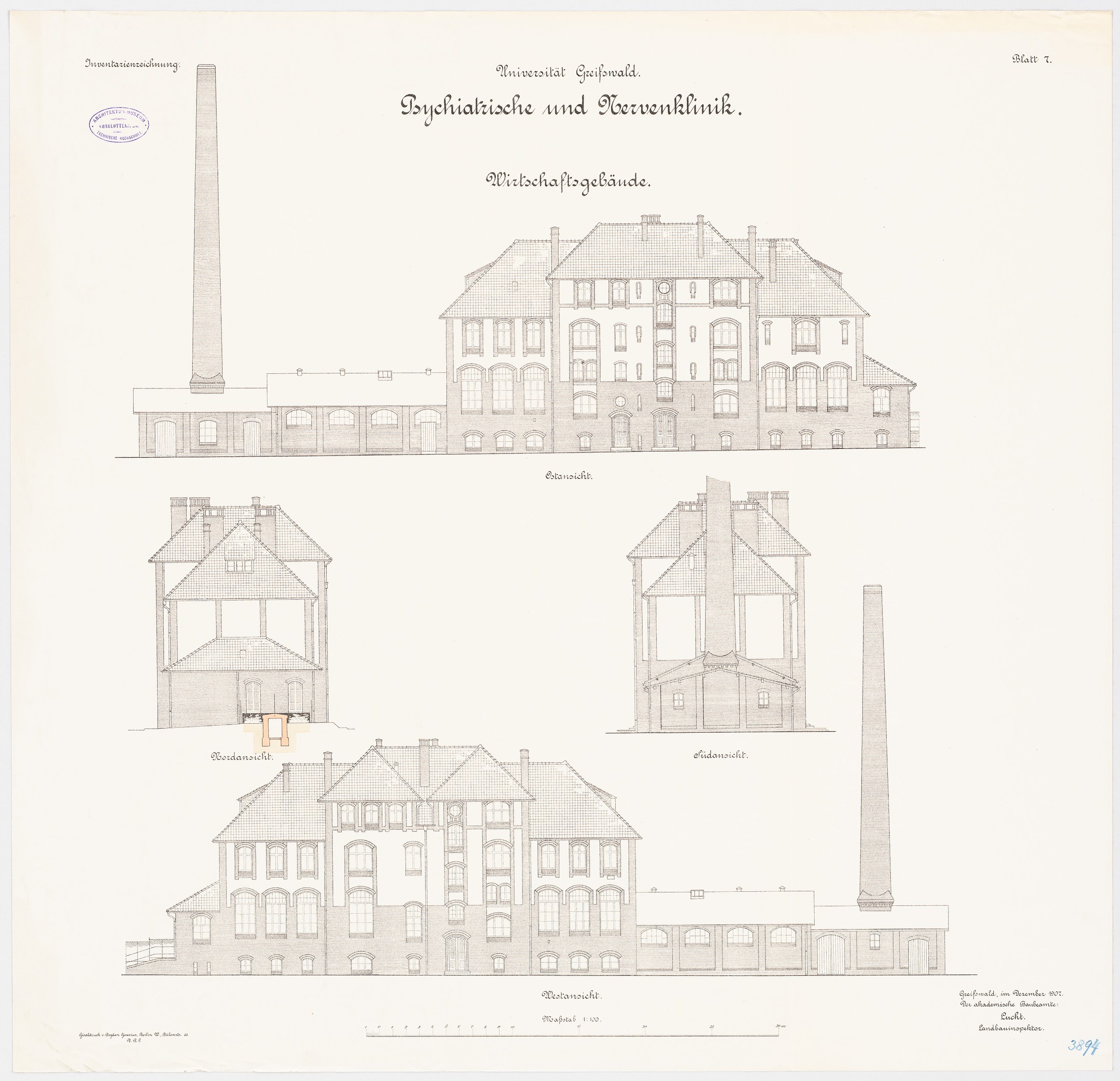 Eine Zeichnung eines mehrstöckigen Gebäudes mit zahlreichen Fenstern und einem Schornstein, das mutmaßlich ein Psychiatriekrankenhaus in Deutschland ist, auf einem Blatt Papier mit handgeschriebener Text.