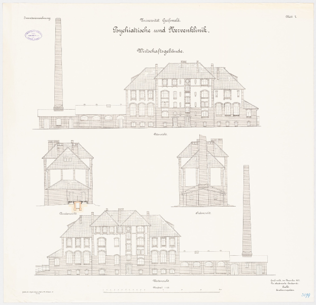 Eine Zeichnung eines mehrstöckigen Gebäudes mit zahlreichen Fenstern und einem Schornstein, das mutmaßlich ein Psychiatriekrankenhaus in Deutschland ist, auf einem Blatt Papier mit handgeschriebener Text.