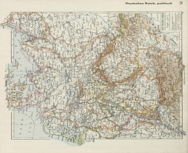 Eine Karte von Deutschland aus dem 19. Jahrhundert, die seine politischen Teilungen zeigt, auf altem Papier mit Text oben und unten gedruckt.