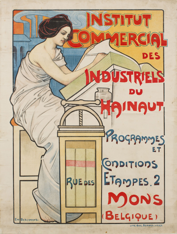 Ein Plakat, das das Institut Commercial des Industriels du Hainaut bewirbt und eine Frau zeigt, die an einem Tisch sitzt und ein Buch hält, mit Text, der Informationen über das Institut enthält.