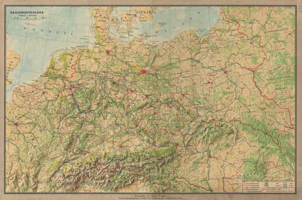 Detailierte alte Deutschlandkarte, die Straßen, Autobahnen und geografische Merkmale zeigt, mit Text oben und unten.