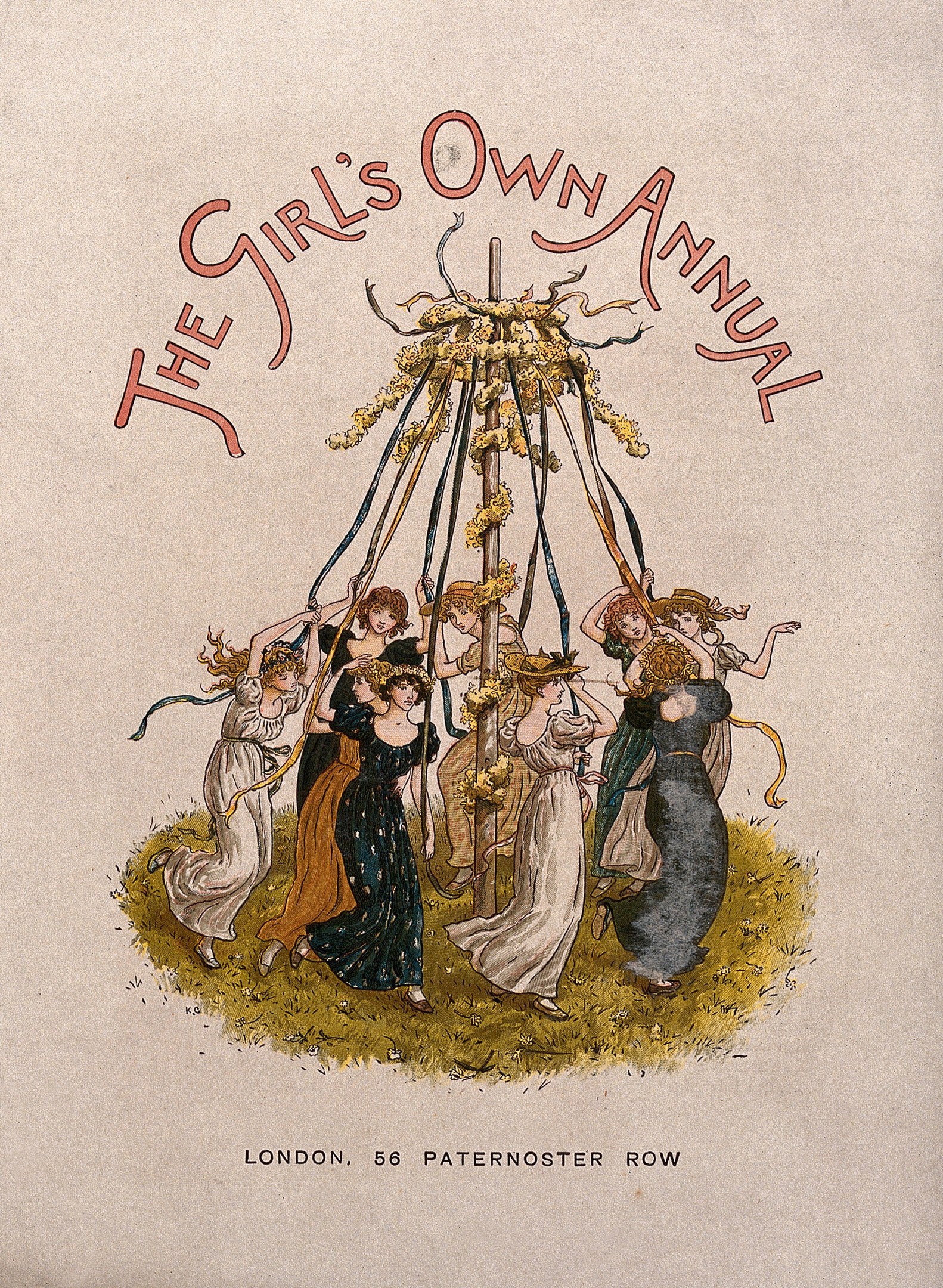Illustration aus 'The Girl's Own Annual', die eine Gruppe von Menschen zeigt, die um einen mit Bändern geschmückten Maibaum tanzen.