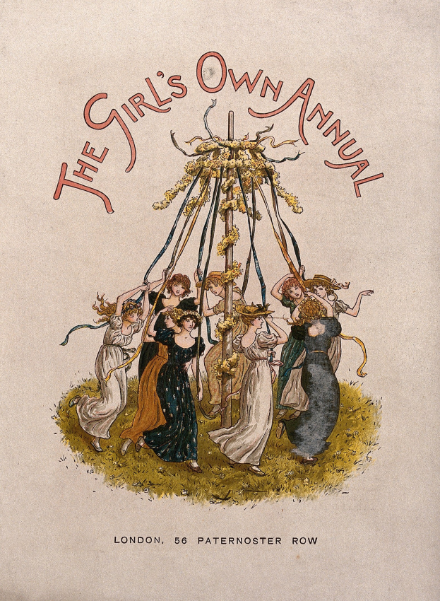 Illustration aus 'The Girl's Own Annual', die eine Gruppe von Menschen zeigt, die um einen mit Bändern geschmückten Maibaum tanzen.