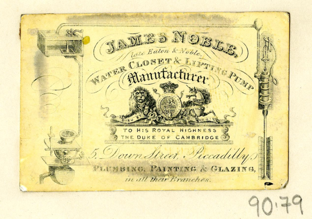 Visitenkarte für James Noble Wasser closet & Hebepumpe Hersteller mit Text, der das Produkt und seine Merkmale beschreibt.