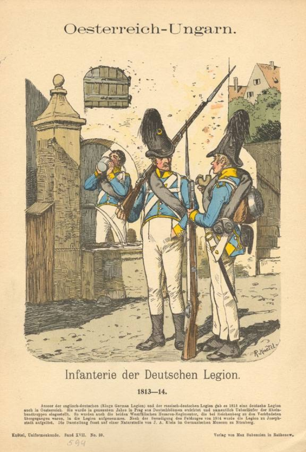 Schwarz-weiß-Illustration von zwei uniformierten Männern, einer hält ein Gewehr, vor einem Hintergrund aus Bäumen und Gebäuden, betitelt "Infanterie der Deutschen Legion 1813-14" auf altem Papier.