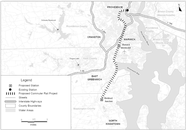 Schwarze und weiße Stadtkarte mit einem Fluss, beschriftet mit "Vorgeschlagenes Nahverkehrsprojekt" auf der linken Seite, die Straßen, Autobahnen und andere Merkmale zeigt.