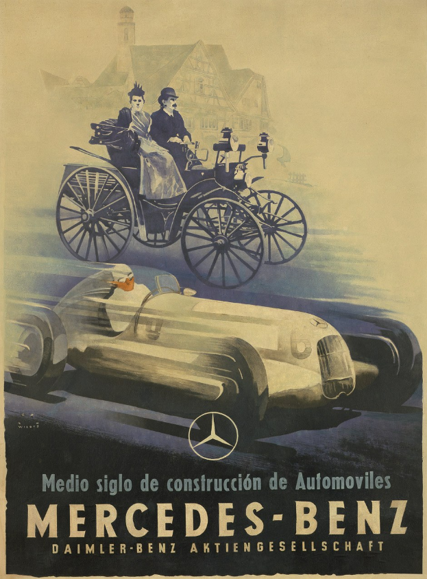 Vintage 1930er Mercedes-Benz-Werbetafel mit einem Auto mit zwei Personen und einem Geb├Ąude im Hintergrund.