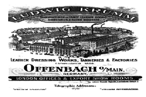 Ein Schwarz-Weiß-Bild eines Gebäudes mit dem Text "Ludwig Krumm Ledergerberei, Gerbereien & Fabriken, Offenbach, Deutschland" darauf.