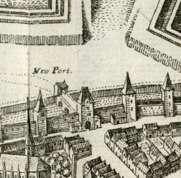 Detailierte alte Stadtplan von New Port Stadt, der Straßen, Gebäude, Sehenswürdigkeiten und Text mit historischer und kultureller Information zeigt.