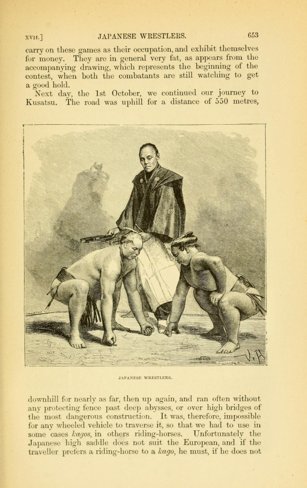 Offenes Buch mit einer Zeichnung von drei Sumo-Ringern, wobei die zentrale Figur einen traditionellen japanischen Kimono trägt und von zwei anderen Ringern umgeben ist.