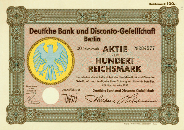 Eine alte deutsche Banknote mit einer Vogeldarstellung und dem Text "Deutsche Bank und Disconto-Gefälligkeit Berlin".
