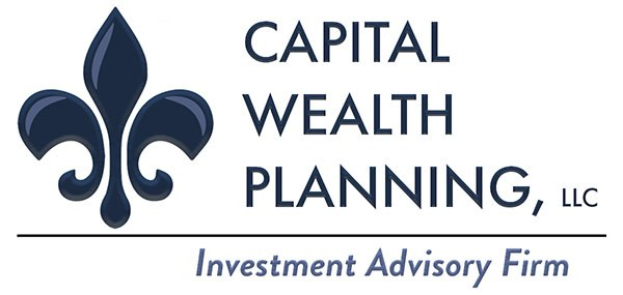 Logo von Capital Wealth Planning, LLC: Ein blauer Kreis mit weißer Umrandung und einem mittigen 'C', umgeben von einem weißer Ring mit blauem Text 'Capital Wealth Planning' und weißer Text darunter 'Investment Advisory Firm'.