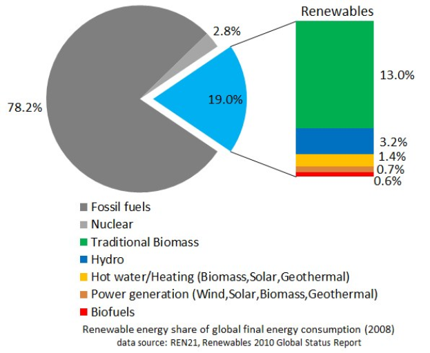 Tortendiagramm, das den globalen erneuerbaren Energieverbrauch im Jahr 2008 zeigt, aufgeteilt nach Quellen einschließlich fossiler Brennstoffe, Kernenergie, Wasserkraft, Warmwasserheizung, Biomasse, Solarenergie, Geothermie und Biokraftstoffe.