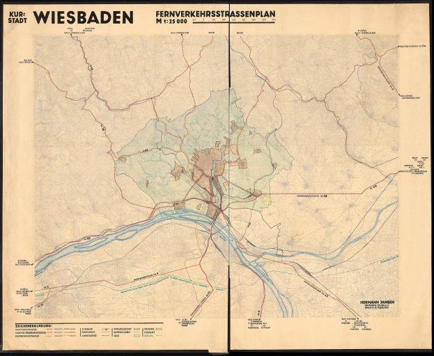 Alte gerahmte Karte von Wiesbaden, Deutschland, zeigt detaillierte Straßen, Gebäude und Sehenswürdigkeiten mit textuellen Informationen über die Stadt.