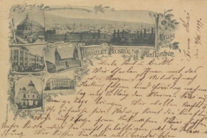 Eine alte Postkarte mit einer Stadtansicht und Gebäuden, die einen nostalgischen Charme verströmt.