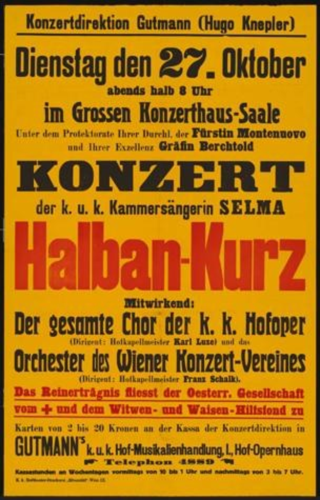 Plakat in Berlin, Deutschland, das ein Konzert mit dem Titel "Konzert Halban-Kurz" auf gelbem Papier ankündigt.
