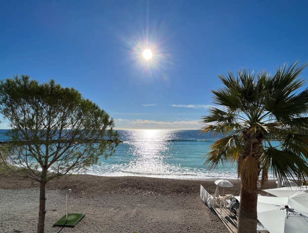 Ein Strand mit Palmen, Sonnenschirmen und üppiger Vegetation unter einem strahlend blauen Himmel, geeignet für eine Ferienwohnung an der französischen Riviera.