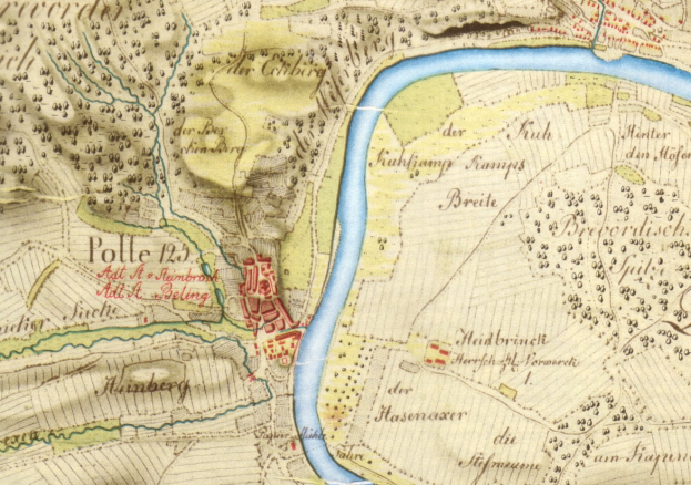 Ausführliches altes Stadtplan von Polle, Deutschland, mit Straße, Gebäuden und einem durch die Stadt fließenden Fluss.