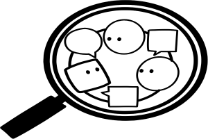 Ein Vergrößerungsglas schwebt über einer Gruppe karikaturhafter, buntfarbiger Menschen mit übertriebenen Zügen, jeder mit Sprechblasen, die verschiedene Nachrichten enthalten, was eine intensive Diskussion vermuten lässt.