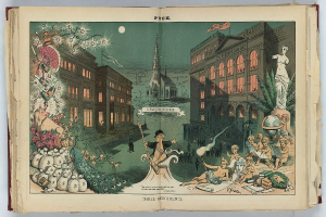 Offenes Buch mit dem Titel "Drei Denkmäler" (1892) mit einer detaillierten Illustration einer belebten Stadtlandschaft mit Menschen, Gebäuden, Bäumen, Blumen und anderen Gegenständen.