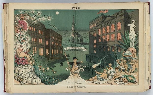 Offenes Buch mit dem Titel "Drei Denkmäler" (1892) mit einer detaillierten Illustration einer belebten Stadtlandschaft mit Menschen, Gebäuden, Bäumen, Blumen und anderen Gegenständen.