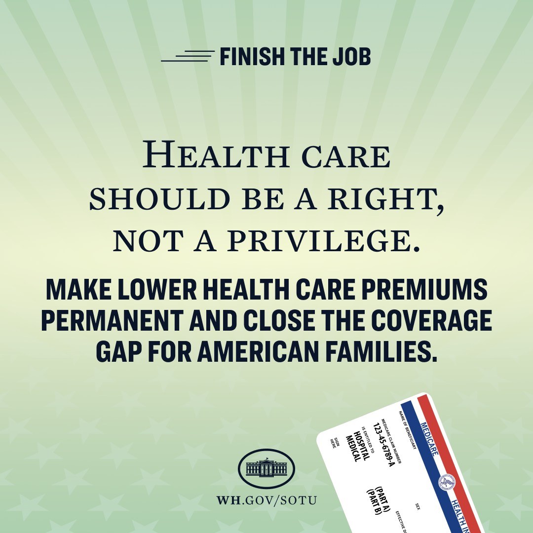 Plakat mit dem Text "Beenden Sie den Job: Gesundheit sollte ein Recht sein, nicht ein Privileg" und einer Karte mit der Aufschrift "Machen Sie niedrigere Gesundheitskosten permanent und schließen Sie die Versorgungslücke für amerikanische Familien."