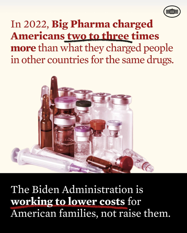 Plakat, das zeigt, dass Big Pharma 2022 in den USA zwei bis drei Mal so viel für dieselben Medikamente verlangte wie in anderen Ländern, mit Bildern von Medikamentenflaschen und einer Spritze.