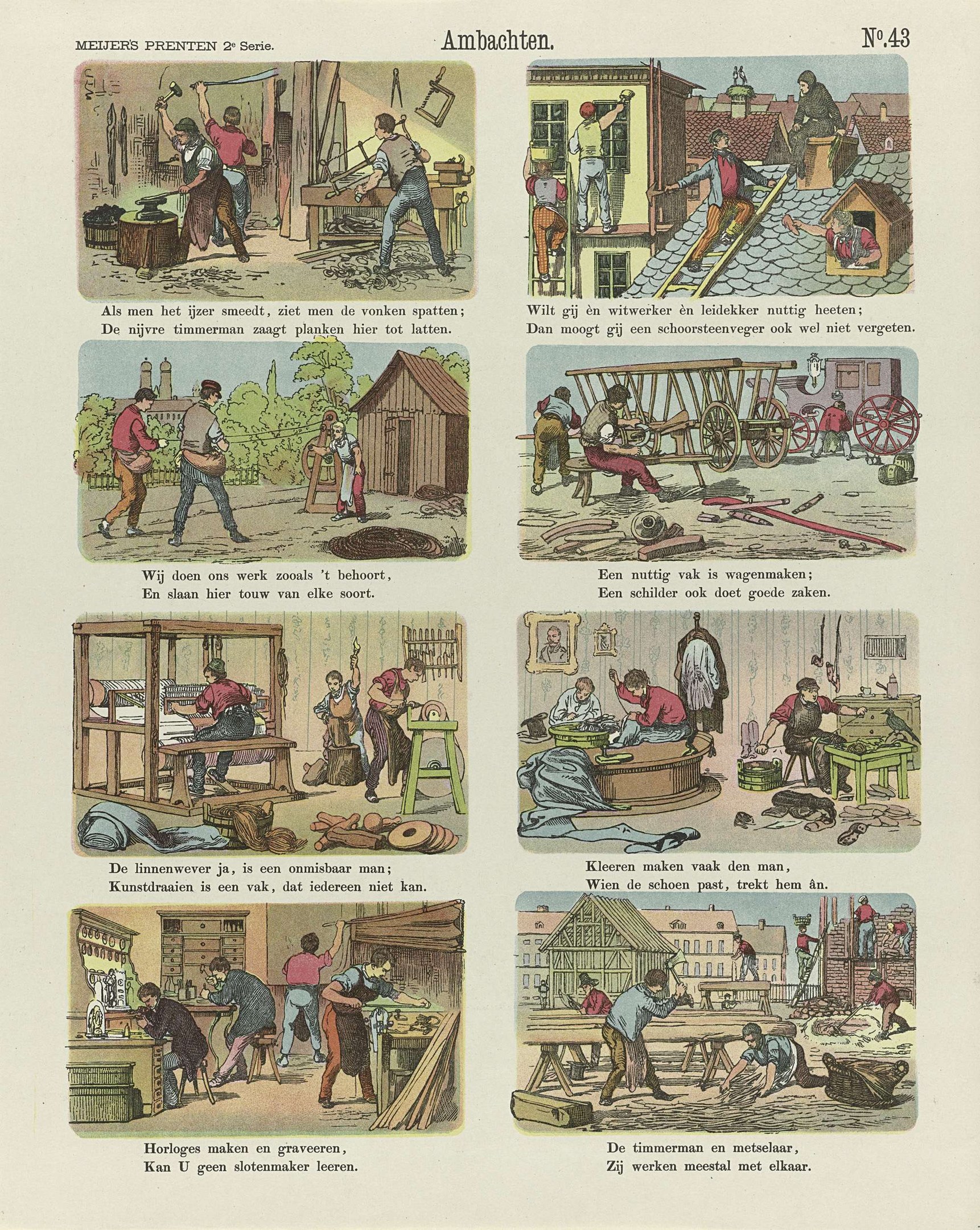 Schwarz-weiß-Illustrationen von Menschen bei der Arbeit in einer Schreinerwerkstatt, begleitet von Text und Zahlen auf altem Papier.