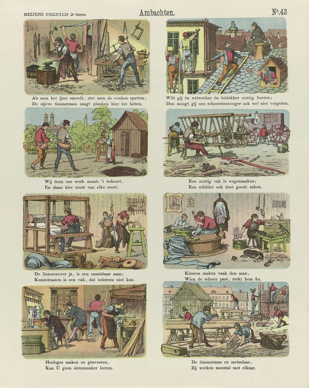 Schwarz-weiß-Illustrationen von Menschen bei der Arbeit in einer Schreinerwerkstatt, begleitet von Text und Zahlen auf altem Papier.