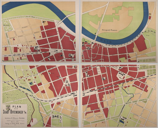 Eine detaillierte Karte von Stadt Offenbach, Deutschland, die Straßen, Gebäude und Sehenswürdigkeiten mit Text zeigt.