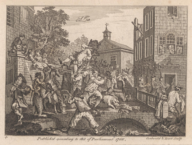 Eine Schwarz-Weiß-Radierung einer Gruppe von Menschen in einer Stadtlandschaft mit Gebäuden, Bäumen und Himmel, mit der Beschriftung "Das Parlamentsgesetz 1706" unten.