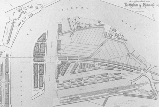 Schwarz-weißer architektonischer Plan einer Stadt mit zahlreichen Gebäuden, identifiziert als potentieller Standort des Royal Hospital in London, begleitet von handgeschriebenem Text.