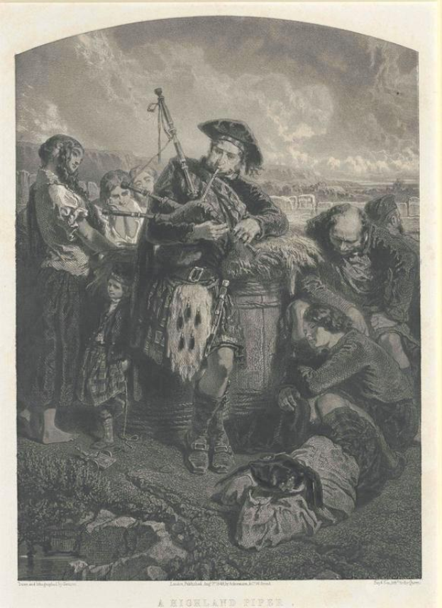 Schwarz-weißes Gravur von einem Mann, der eine Dudelsack vor einer Gruppe von Menschen spielt, mit einem bewölkten Himmel und der Inschrift "Ein Highland Pipe" unten.