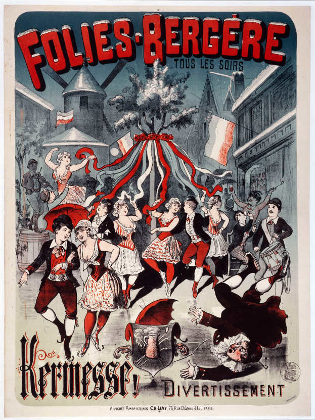 Ein Plakat für das Folies-Bergère-Festival in Paris, das eine Gruppe von Menschen im Vordergrund zeigt, die tanzen, mit Gebäuden, Flaggen und einem Baum im Hintergrund und französischem Text oben und unten.