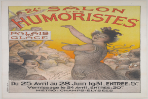Plakat für den Salon des Humoristes in Paris mit einer Frau im Mittelpunkt, umgeben von einer Menge, und Text Beschreibung.