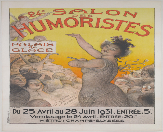 Plakat für den Salon des Humoristes in Paris mit einer Frau im Mittelpunkt, umgeben von einer Menge, und Text Beschreibung.