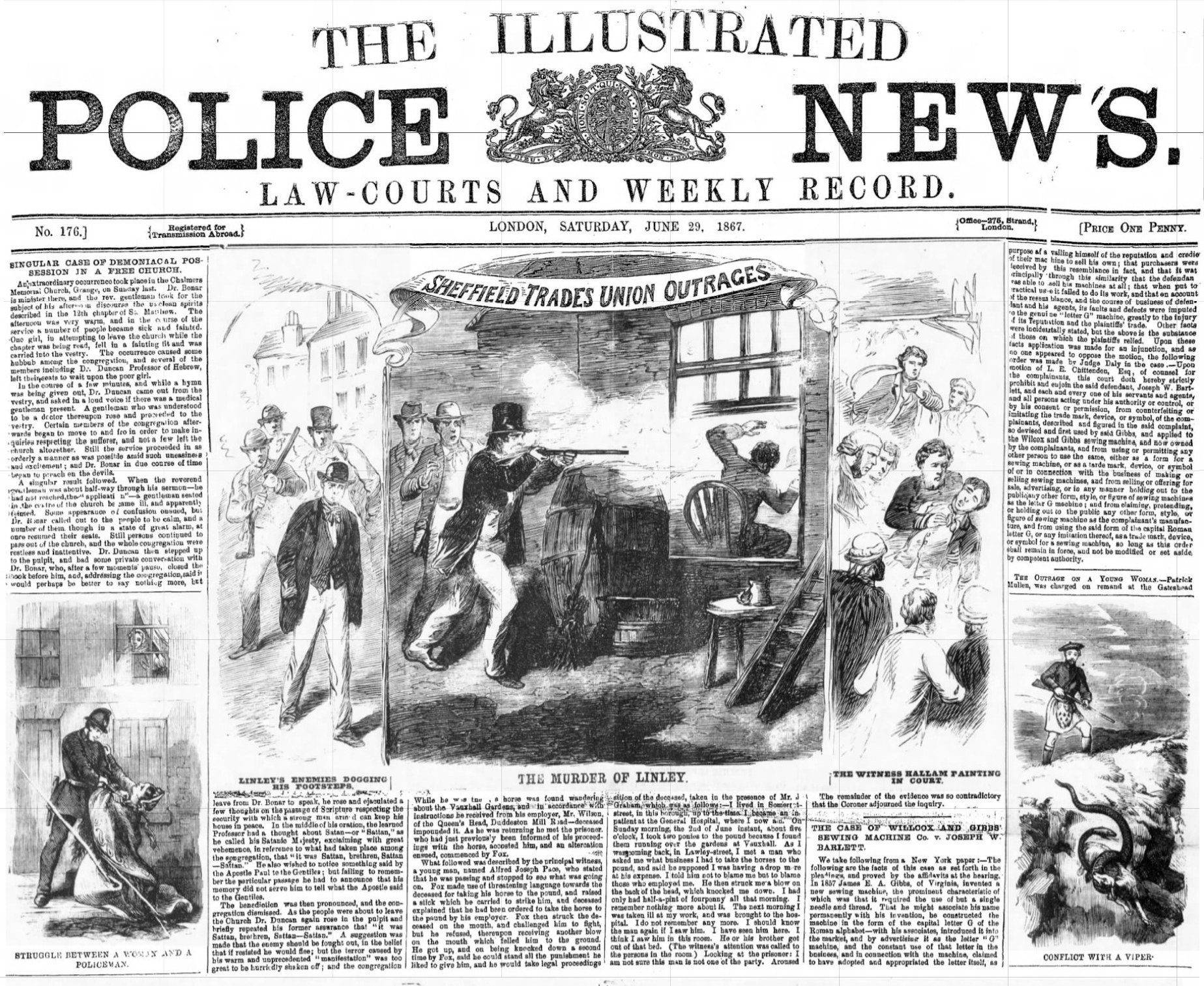 Schwarze und weiße Titelseite der Illustrated Police News von 1867 mit einer zentralen Illustration einer Gruppe von Menschen und der Überschrift "Police News" sowie einem Logo oben drauf.