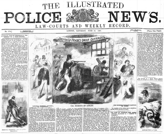 Schwarze und weiße Titelseite der Illustrated Police News von 1867 mit einer zentralen Illustration einer Gruppe von Menschen und der Überschrift "Police News" sowie einem Logo oben drauf.