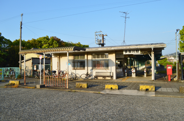 Fahrräder vor einem Bahnhof mit Häusern, Bäumen, Strommasten und Drähten im Hintergrund bei klarem blauem Himmel