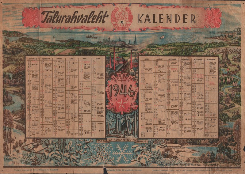 Alter Kalender aus dem Jahr 1946 mit einem Stadtbild darauf.