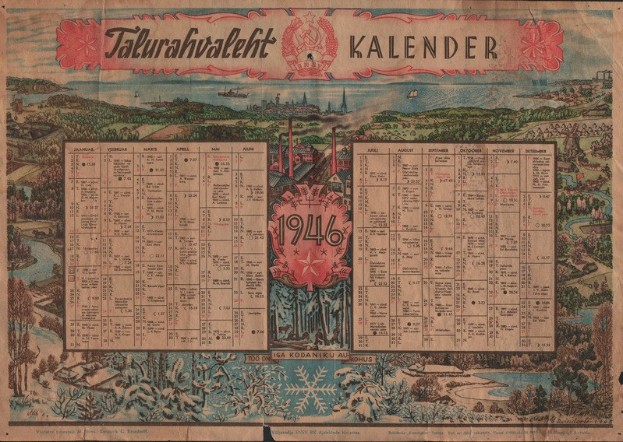 Alter Kalender aus dem Jahr 1946 mit einem Stadtbild darauf.